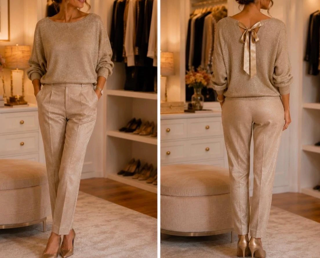 🎀 Pull maille doré Made in Italie avec décolleté & nœud satiné au dos - T.U